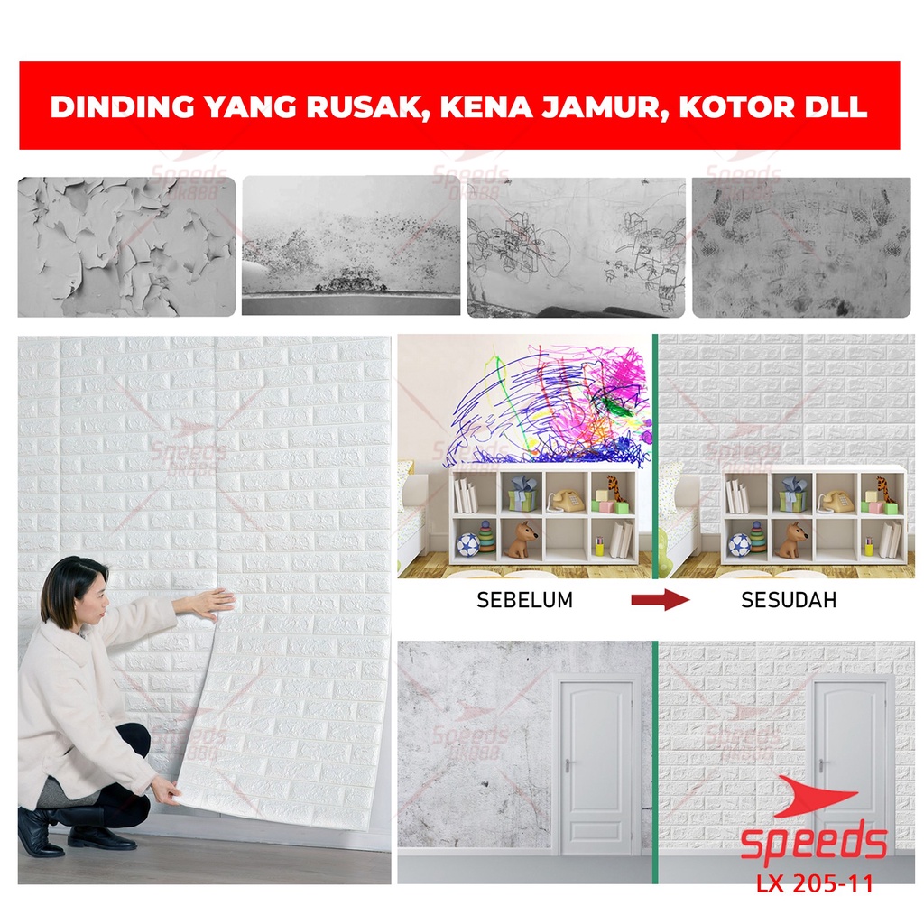 SPEEDS Perekat Wallpaper Dinding 3D Motif Foam Batu Bata Per Lembar 205-11-3