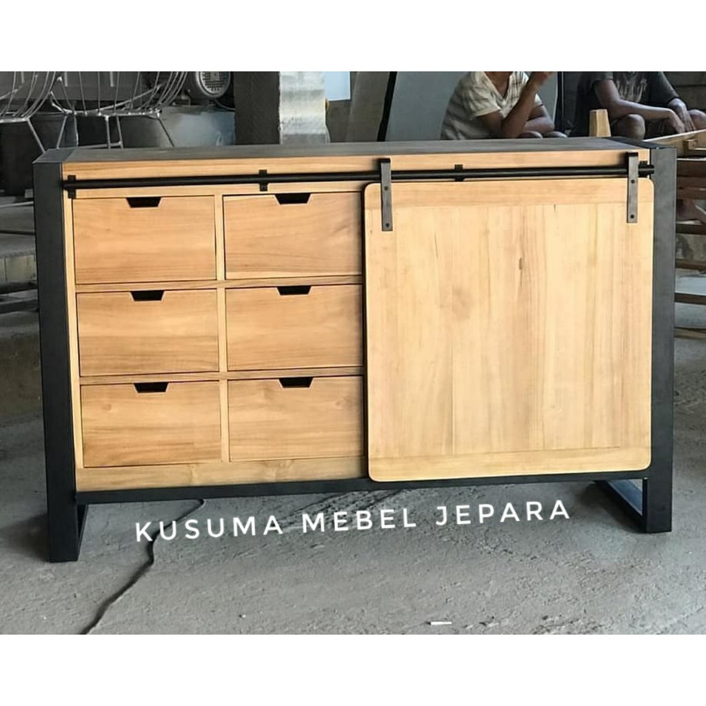 Meja Nakas Konsul Pintu Sliding Indutrial Kayu Jati (Panjang 120cm)
