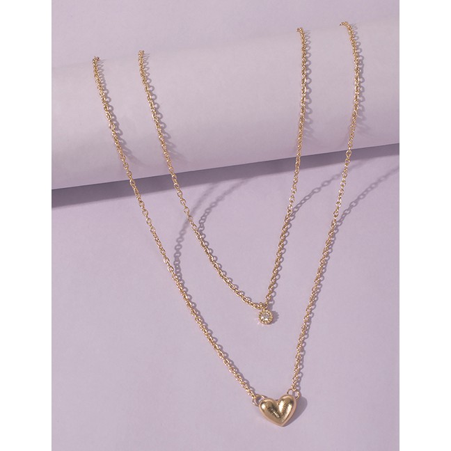 LRC Kalung Fashion Gold Color Alloy Diamond Double Heart P85751