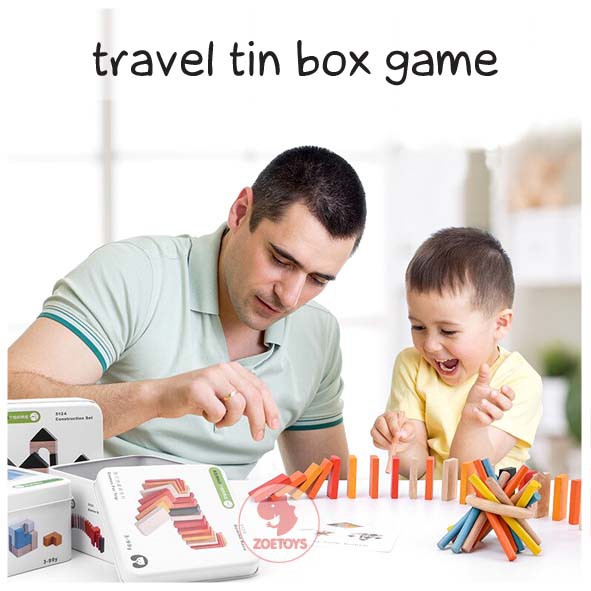 Zoetoys Travel Tin Box Game | Block 3D Cube Wooden Puzzle Fishing Ludo Chess Mosaic Tangram Lacing