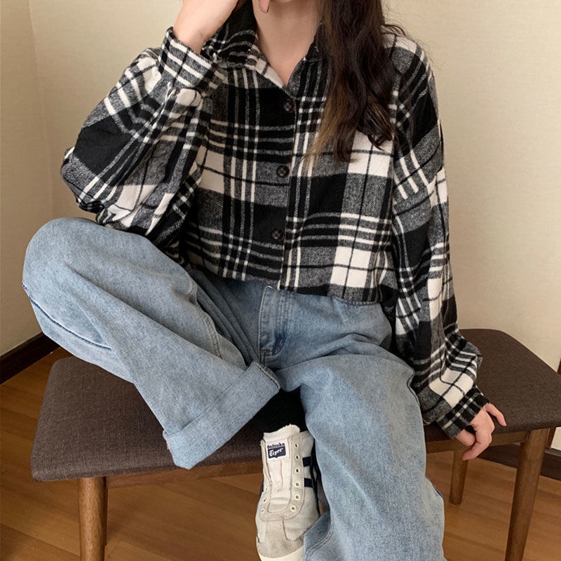 AJWShop Kemeja Flanel Wanita Lengan Balon Oversize Import Tebal Premium | Atasan Kemeja Wanita Jumbo Import Bahan Tebal | Kimberly Kemeja Flanel Import Premium | Kemeja Planel Wanita-TEBAL Black