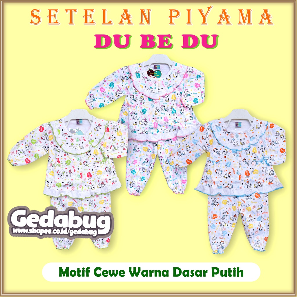 Setelan Piyama Du Be Du | Piyama lengan Panjang Motif Cewe Warna Dasar Putih