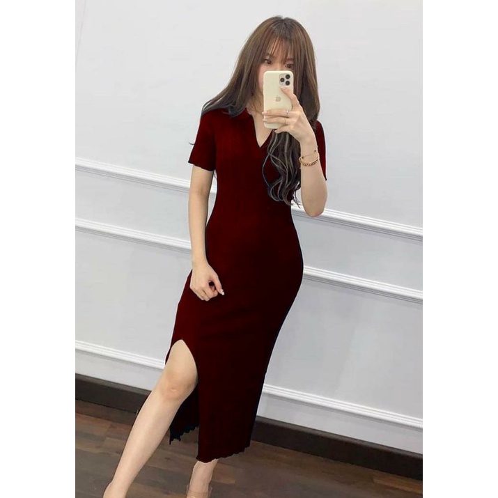 HOPYLOVY - Dress Wanita Rajut V Slit Arina