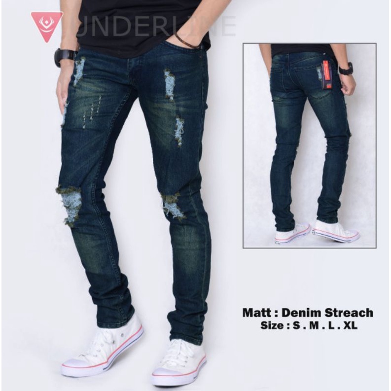 Celana Jeans Pria Sobek Lutut  Jeans Motif Robek Biowash Bioblith Biothink