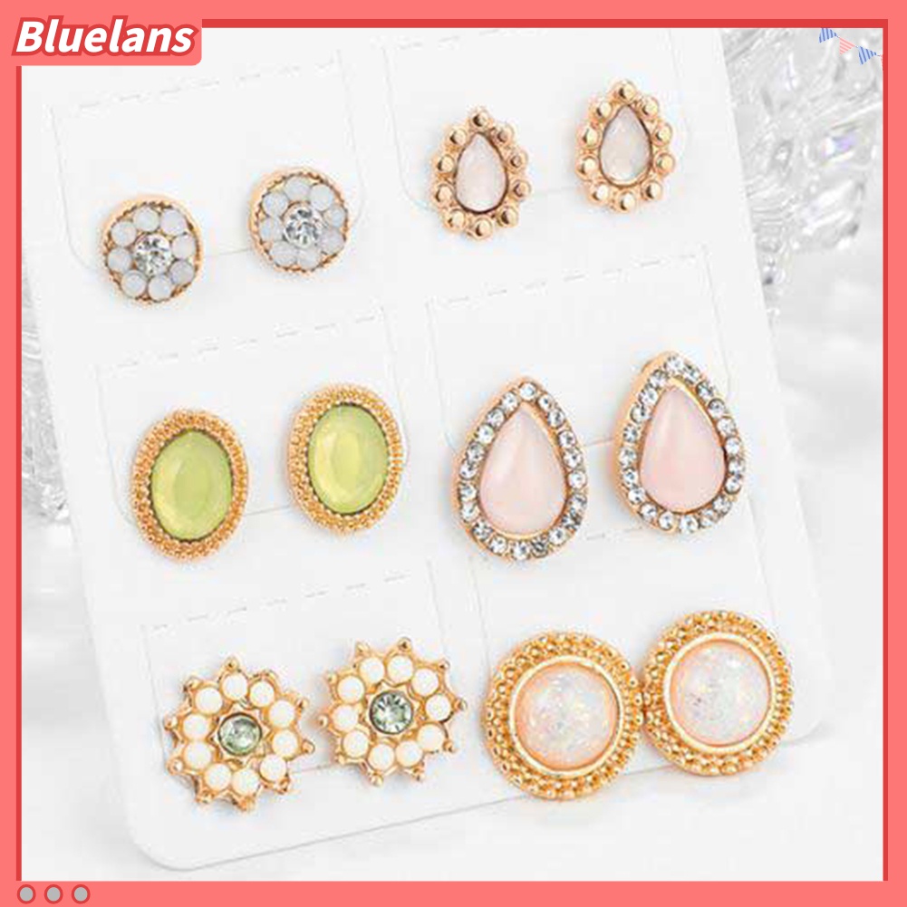 6 Pasang Anting Stud Opal Berlian Imitasi Bentuk Tetesan Air Bunga Untuk Wanita