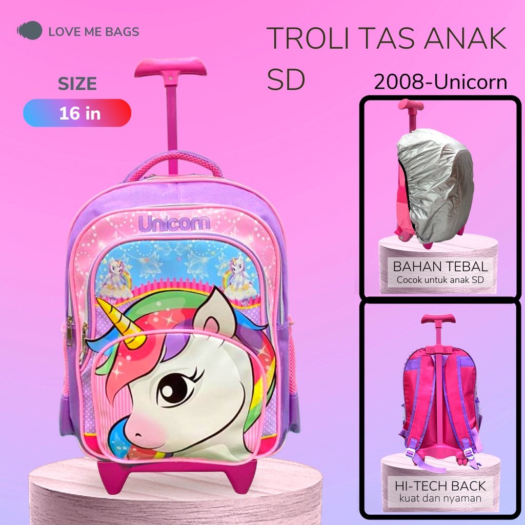 LMB Tas Troli Anak Perempuan Sekolah SD Motif Kuda Pony Unicorn Rainbow Gambar Timbul 6D Import