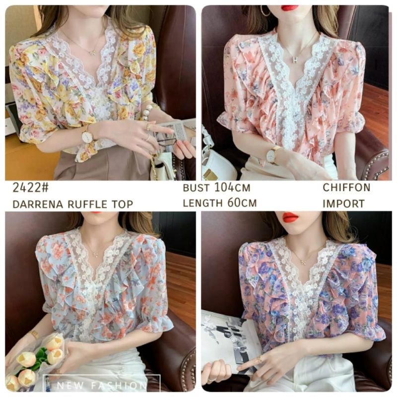 MDLV ~ 2422# Darrena Ruffle Top Sifon Blouse Flower Blouse Korea Fashion Import