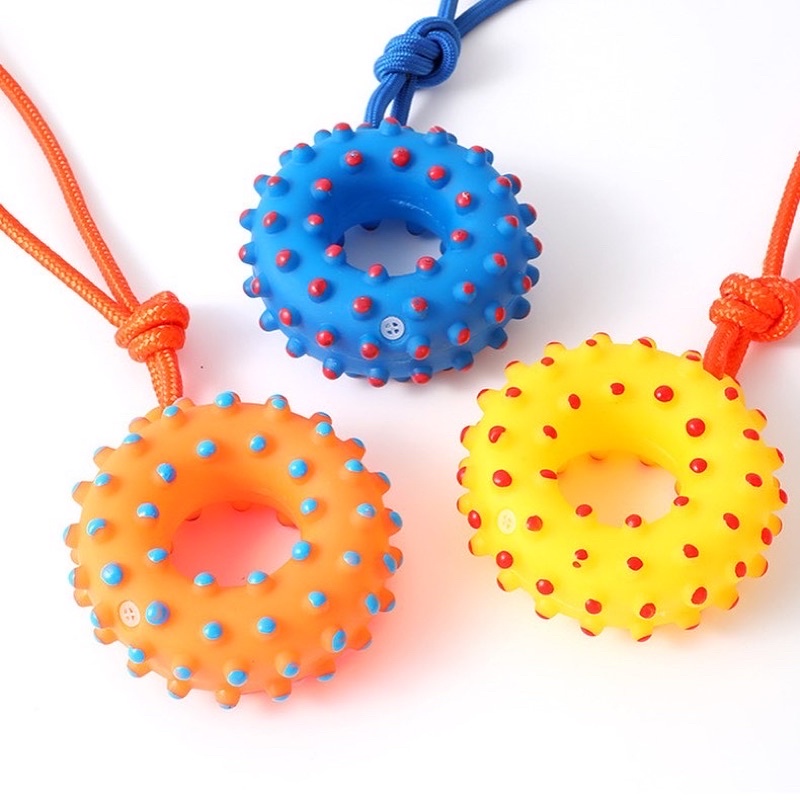 donut teething thorn ring with rope squeaky toy