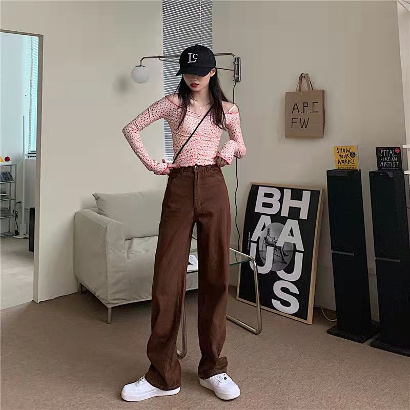 Celana Jeans Wanita Musim Gugur Pinggang Lebar Retro Celana Lurus Wanita Longgar dan Tipis Gaya Amerika