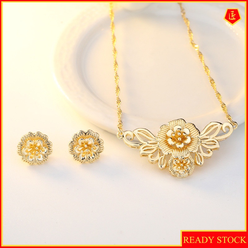 [Ready Stock]Gold Stud Earrings Vintage Flower Jewelry Necklace Set for Women