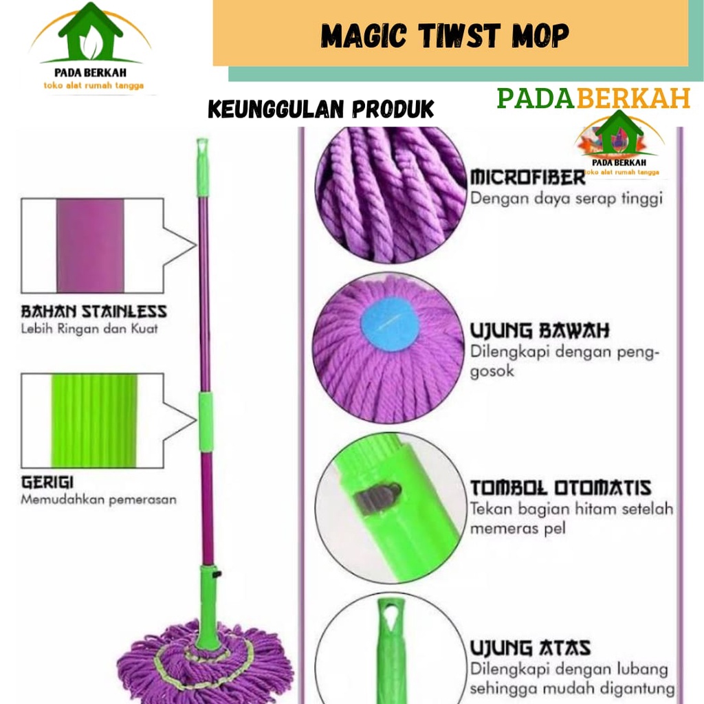 Alat Pel Lantai Peras Putar Microfiber Praktis/ Alat Pel Lantai Tanpa Kotori Tangan/Magic Twist Mop