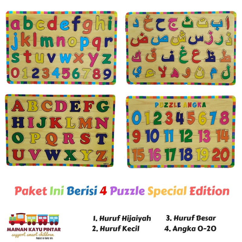 Paket Puzzle Kayu Special Edition Isi 4 / Hijaiyah / Huruf Kecil / Huruf Besar / Angka 0-20 Bisa COD