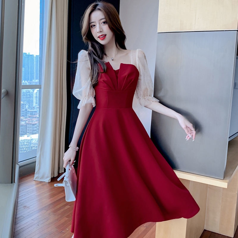 Wine red bride toast 2022 spring new wedding engagement party party small dress can be worn at ordin