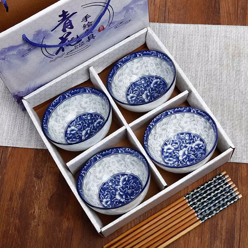 set mangkok rice bowl bunga biru gift hadiah with box