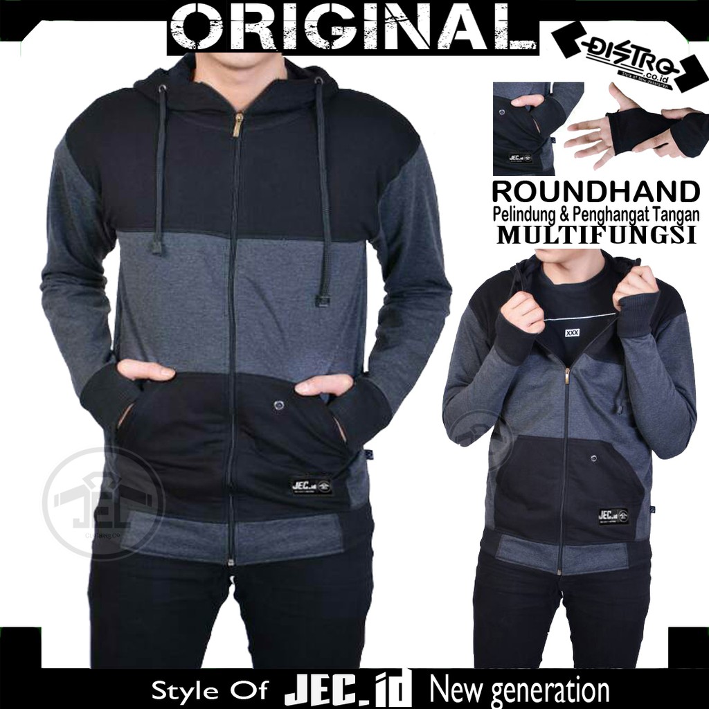 JEC Jaket Hoodie Zipper  ROUNDHAND Combi Hitam DarkGrey Full Premium Distro