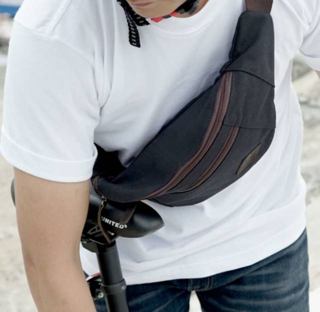 Waistbag Tas Selempang Pinggang IDAHO Large Hitam Kanvas TEBAL Water Repellent &amp; Kulit ASLI