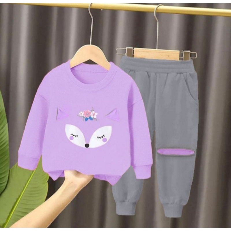 Sweater Set| Setelan Sweater Jogger Anak Perempuan 1-6 Tahun/Setelan Sweater Bebyterry Flecce Motif Rubah Anak Perempuan Terbaru