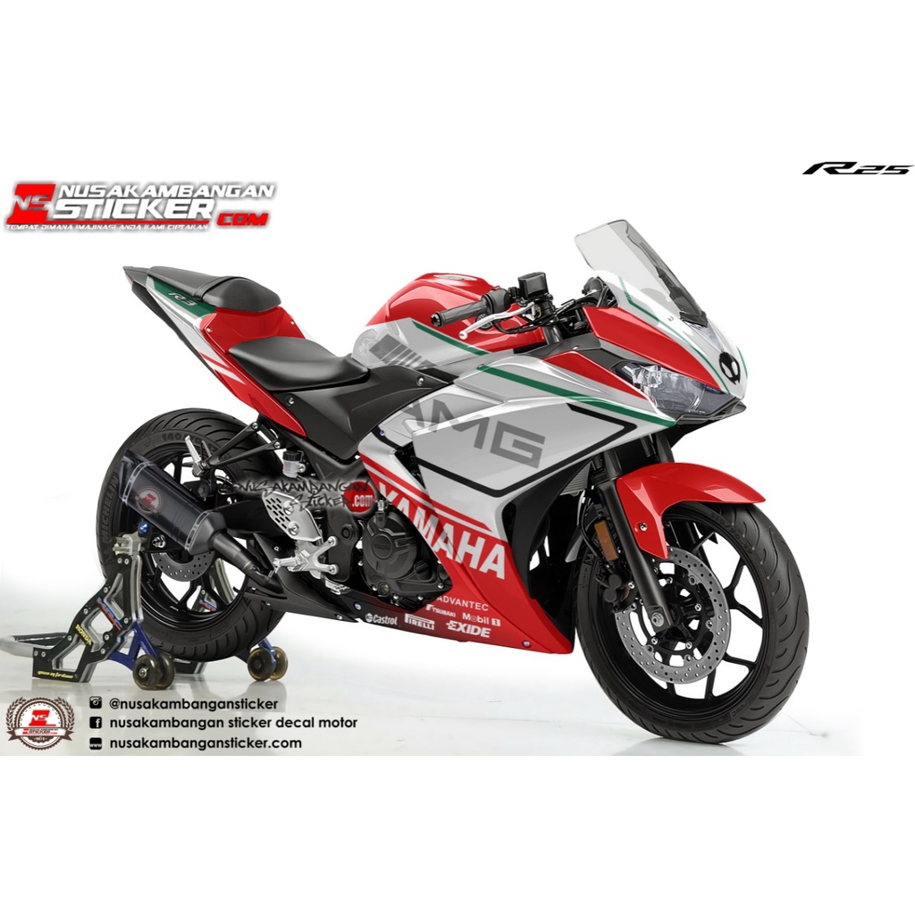 Stiker Decal Motor Yamaha R25 Full Body AMG Merah Putih Grafis Racing Team Sticker Custom Variasi Ba