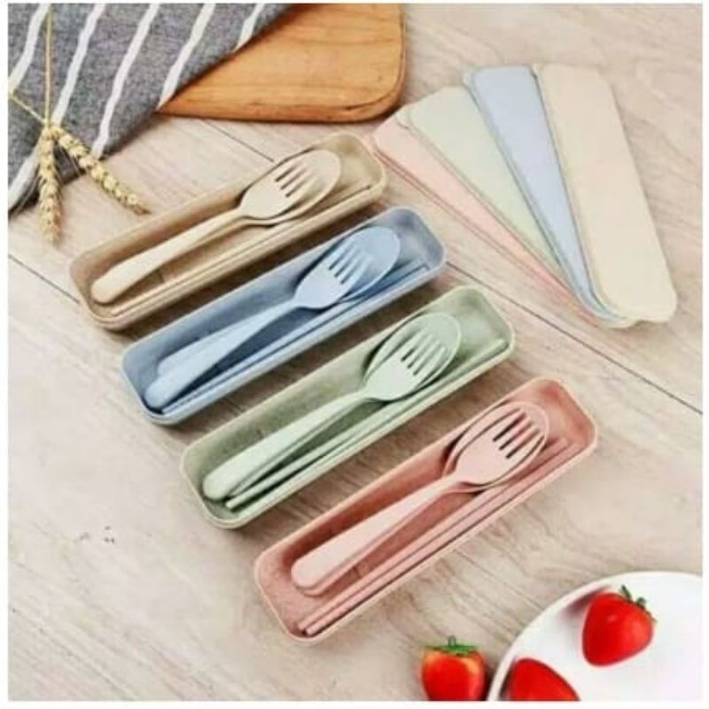 [BISA INSTAN BUAT ULTAH] SENDOK GARPU SUMPIT SET TRAVEL 3 IN 1 BAHAN JERAMI GANDUM