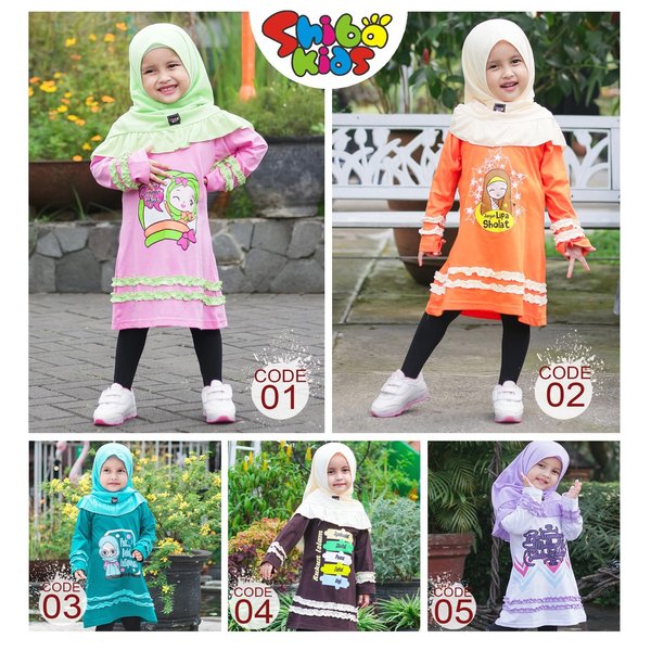 Kaos Tunik Anak Perempunan Plus Kerudung Pakain Muslim Anak Perempuan Merk SHIBAKIDS