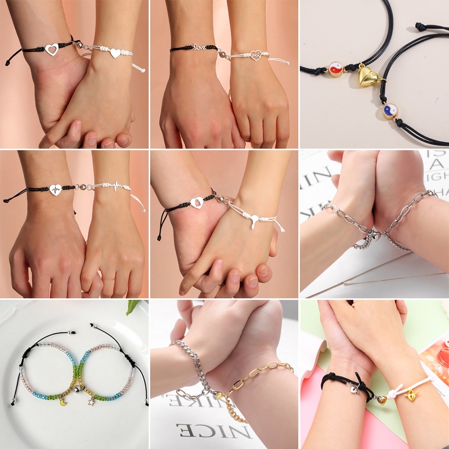 2pcs Gelang Magnet Adjustable Dengan Charm Kuncigembok Untuk Pasangan