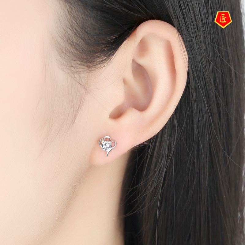 [Ready Stock]Simple Inlaid Diamond Heart-Shaped Stud Earrings