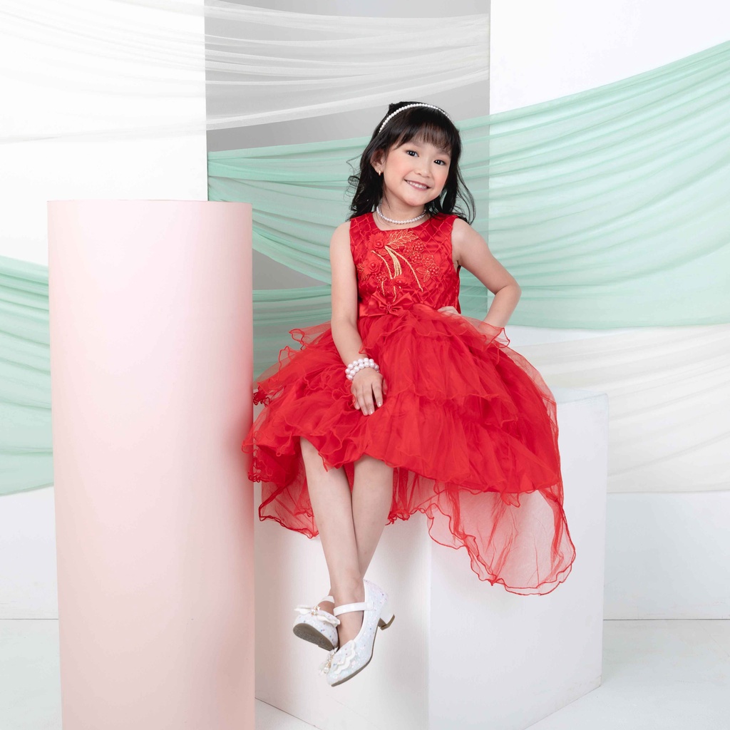 Zelda Dress Anak Perempuan Satin Tilla Ruffle Pita Elegan (1663)