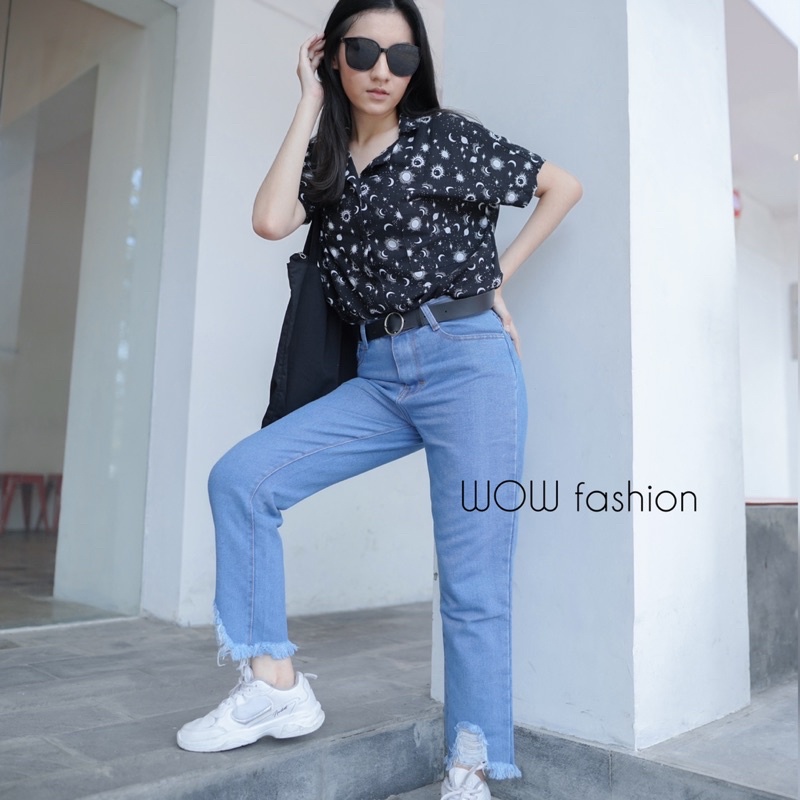 WOW-Holly Bagy Jeans Sobek New Wanita/Celana Rawis/Jeans Wanita/Kulot Sobek