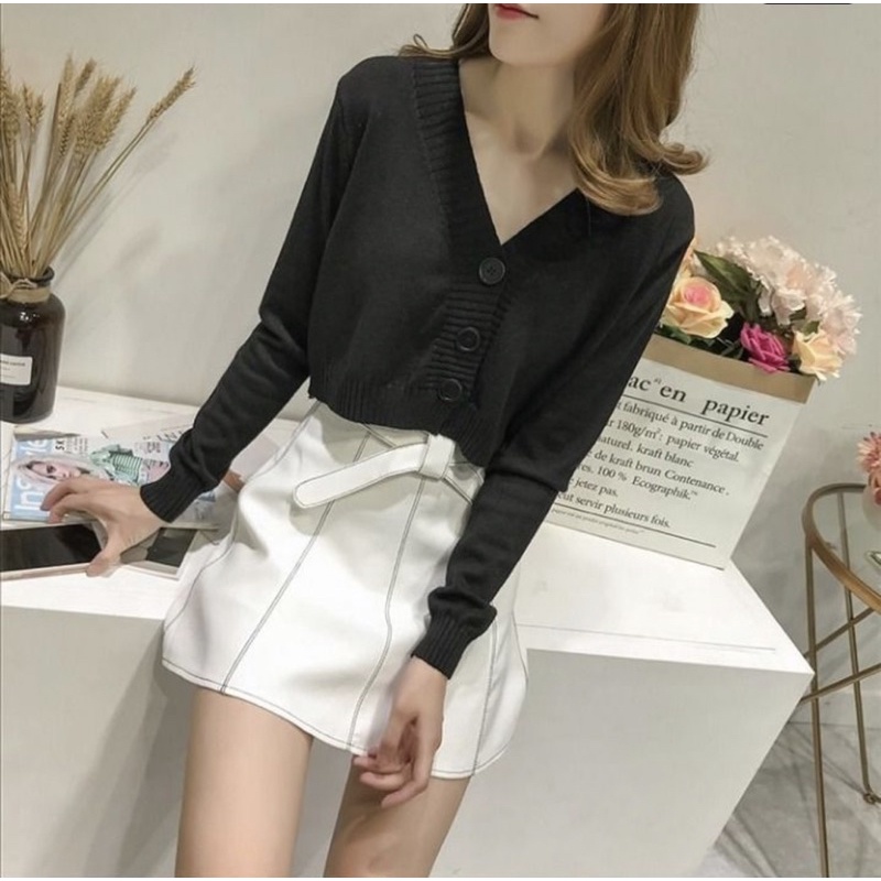 Rajutan Crop Cardigan Wanita Pendek Korea Lengan Panjang Leher V Neck