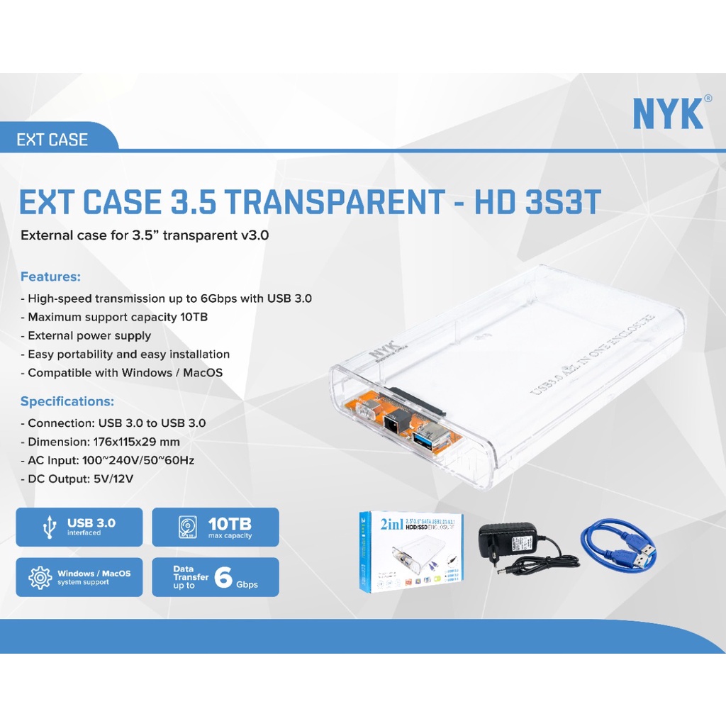 2 in 1 Casing HDD Enclosure 3.5&quot; Sata USB 3.0 Transparant