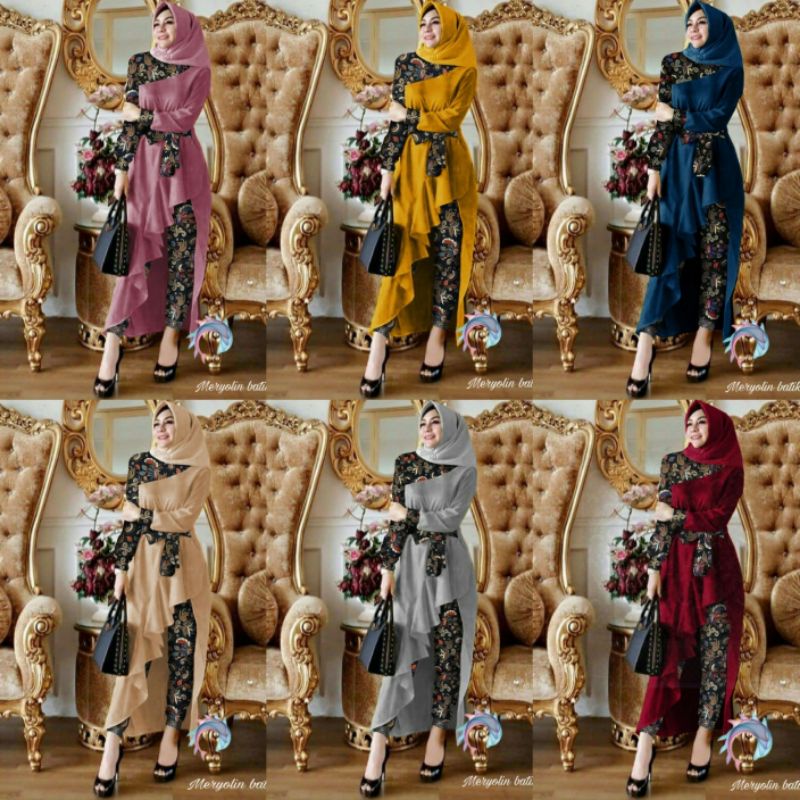 BATIK PRADA BAJU SETELAN WANITA TUNIK MUSLIM CELANA PANJANG MERYOLIN ONE SET