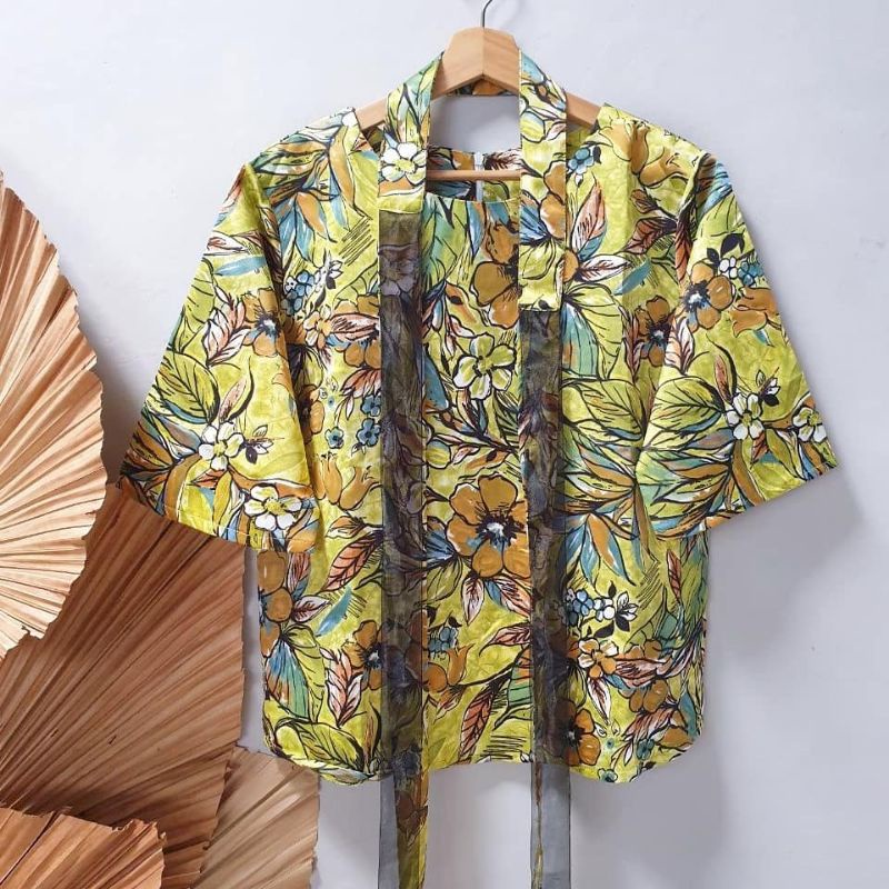 RIBBON BOW TIED TOP BLOUSE WANITA BLACKOUT DELIGHTLINE - MOTIF SAKURA FLOWER - LENGAN PANJANG 7/8-5