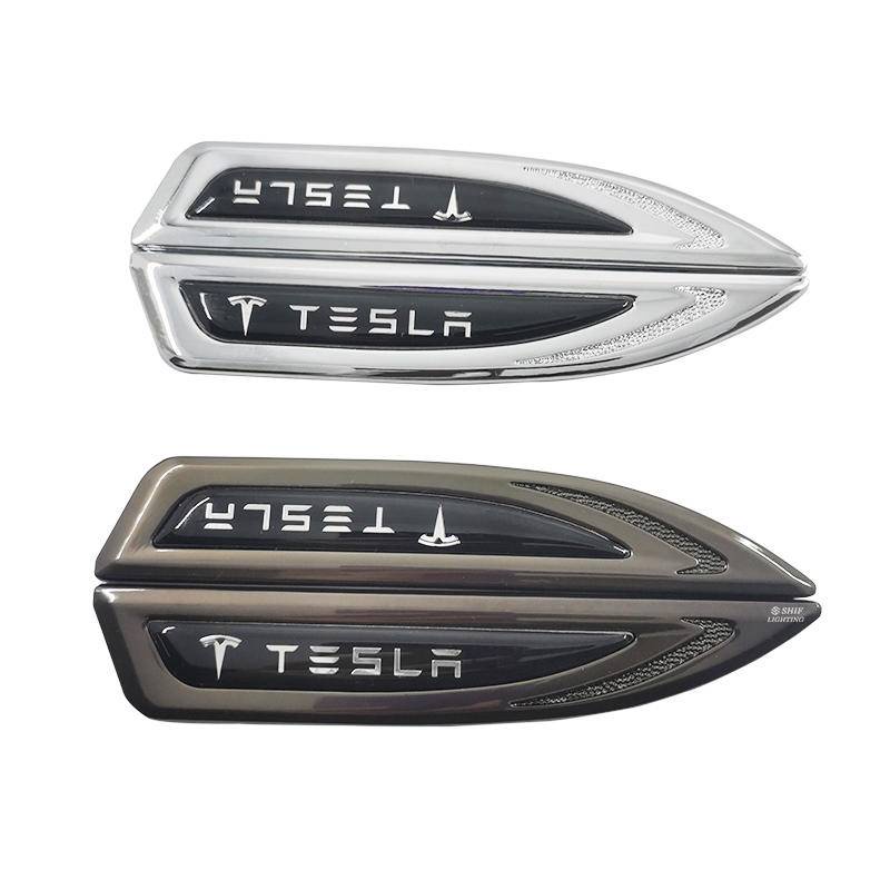 2pcs Stiker Emblem Logo Tesla Bahan Metal Untuk Fender Samping Mobil Tesla