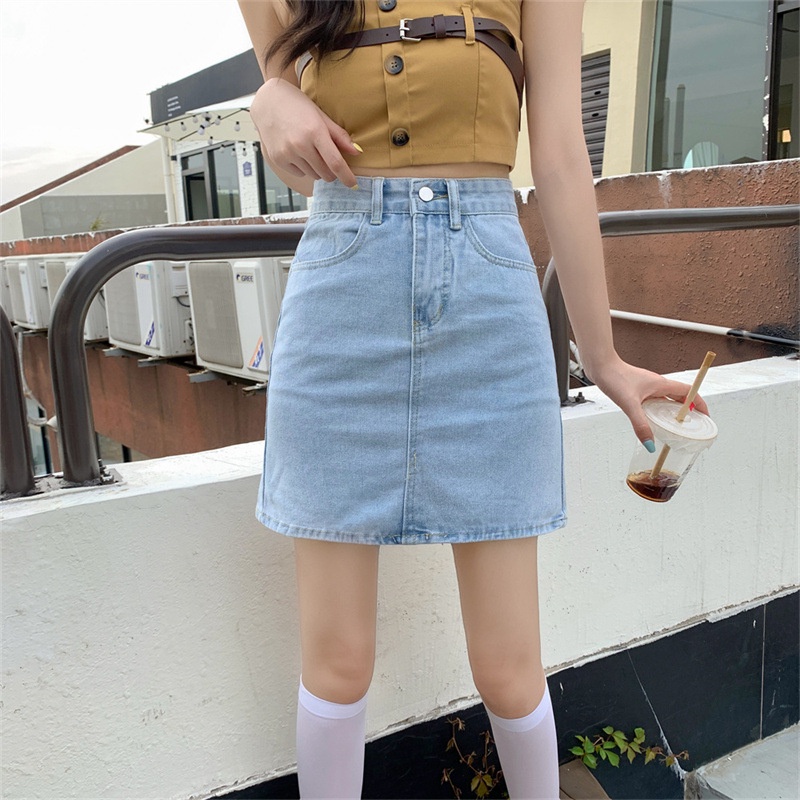 Skirt Denim Rok Pendek High Waist Wanita Motif Bunga Bordir Desain Pinggang Tinggi A-Line Rok