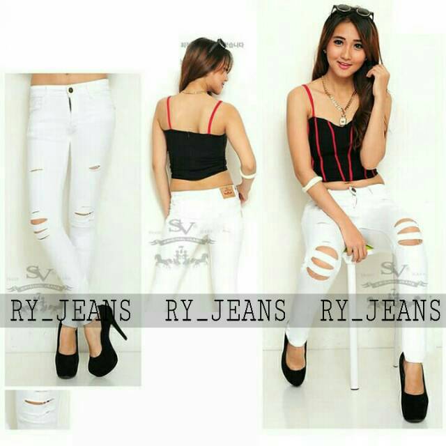 Celana jeans putih wanita jeans sobek putih melar ripped jeans putih