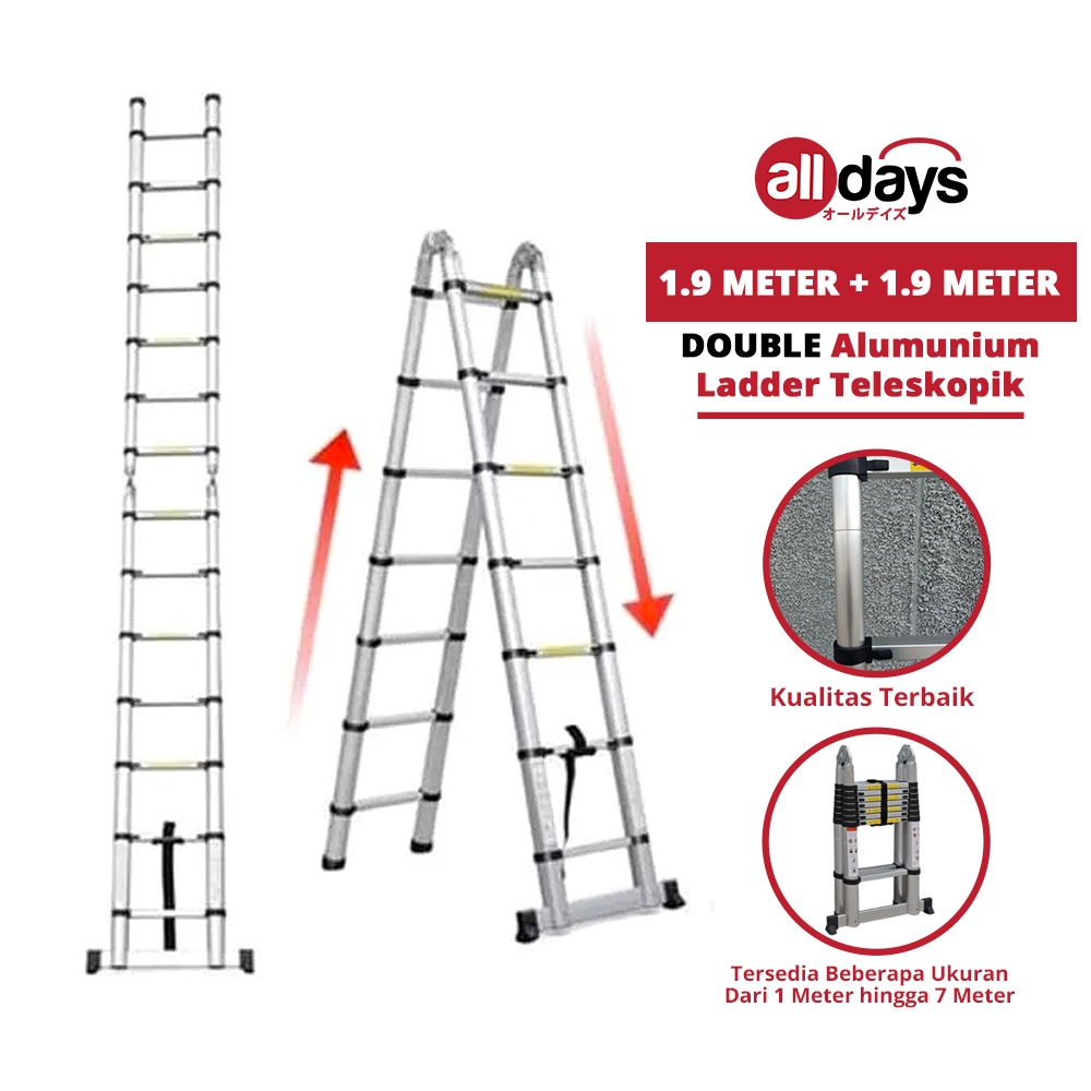 Alldays 2 in 1 Tangga Lipat Teleskopik DOUBLE STRAIGHTABLE 1,9 + 1,9 METER Alumunium Ladder Bahan Kuat, Praktis, Simple