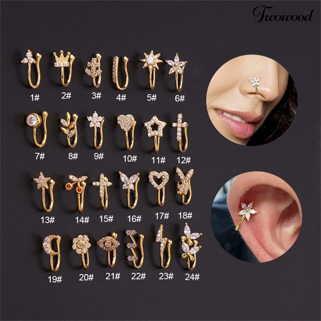 Twowood Nose Piercing Clip Eye-catching U Shape Copper Cubic Zirconia Multi-style Shiny  Ear Cuffs Nose Stud for Daily Wear