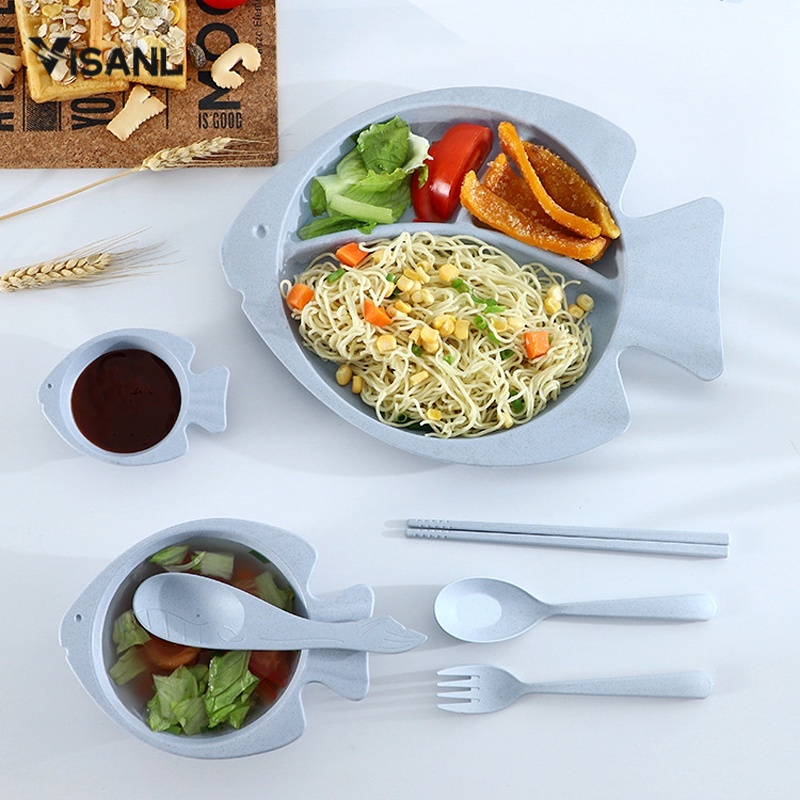 Kartun Plate  Wheatstraw Piring Makan 7 IN 1 BPA free Warna Warni Set Piring Anak Piring Keluarga Mangkuk Saji