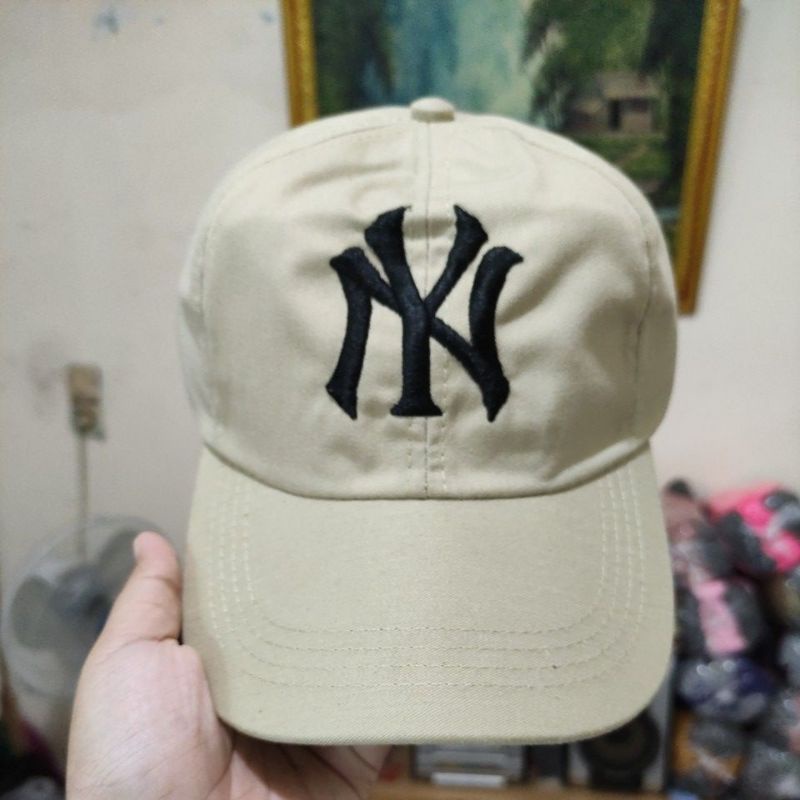 Topi NY New York Topi Baseball Pria Wanita-krem bahan twil