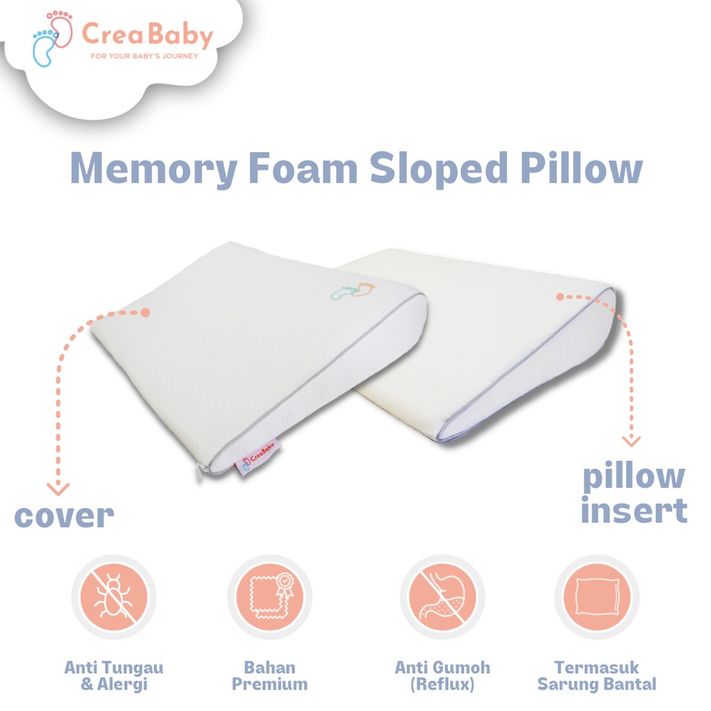 CREA BABY Sloped Pillow + Case I Bantal Anti Gumoh I Bantal Bayi Memory Foam | Bantal Anti Peang