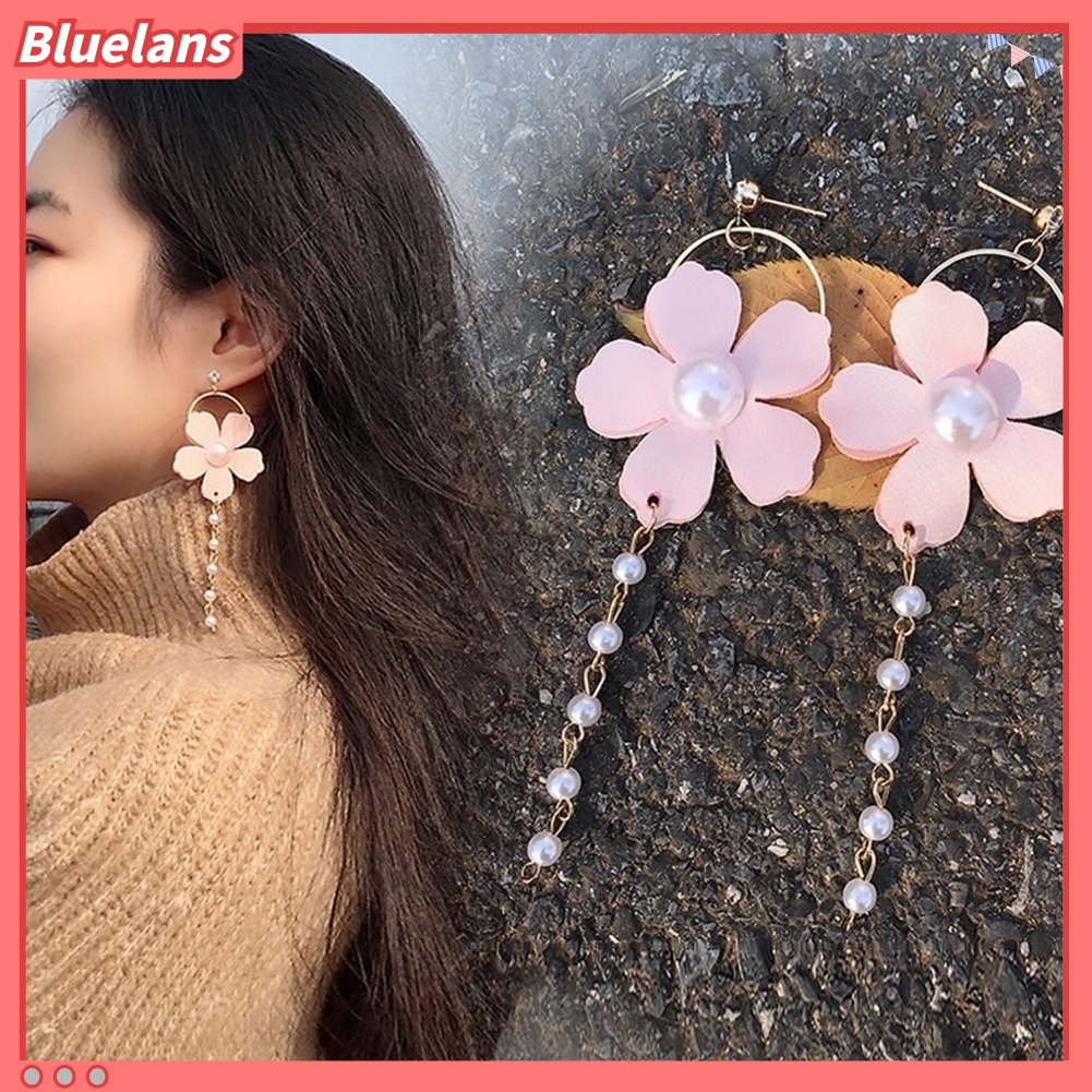 Bluelans Fashion Women Chiffon Flower Faux Pearl Circle Long Dangle Stud Earrings Jewelry