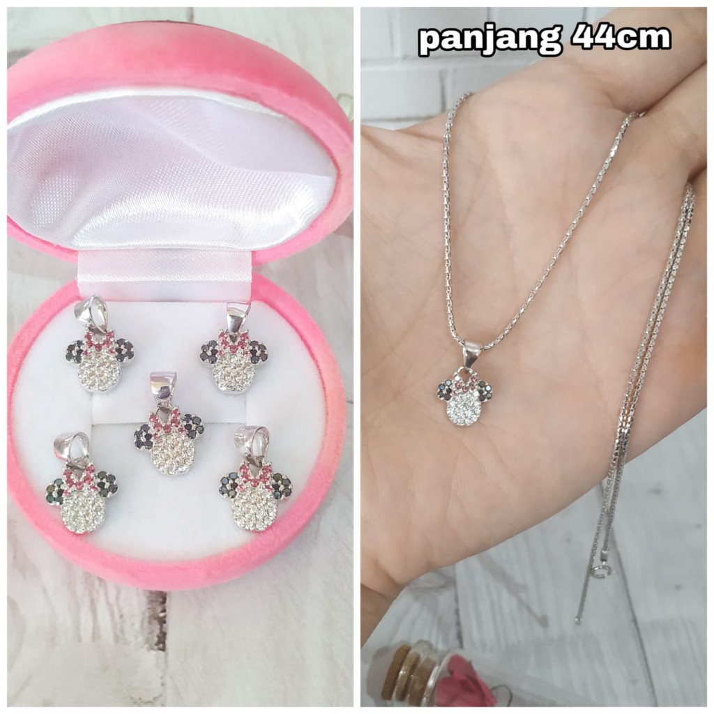 KALUNG LIONTIN KEPALA MICKEY MATA ZIRCON PERAK ASLI LAPIS EMAS PUTIH S925 CC644