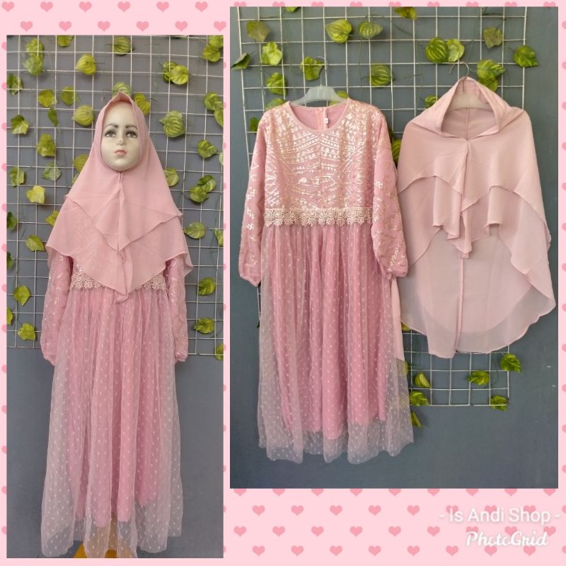 Gamis muslim anak + jilbab B01 bhn tile mix renda & Ceruti