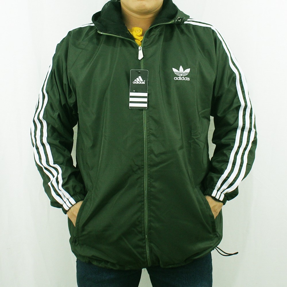 JAKET ADIDAS PARASUT WINDBREAKER HIJAU ARMY  LIST PUTIH  - JAKET PARASUT - JAKET OLAH RAGA XL XXL