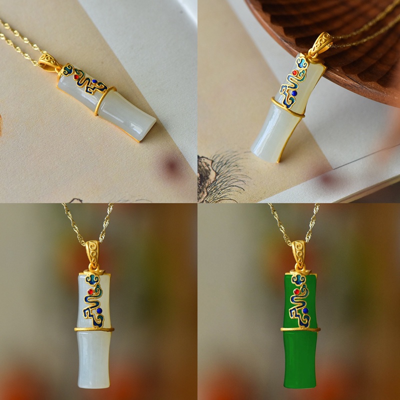 Kalung Rantai Klavikula Bahan 925 Silver Dengan Liontin Bambu Giok Untuk Wanita