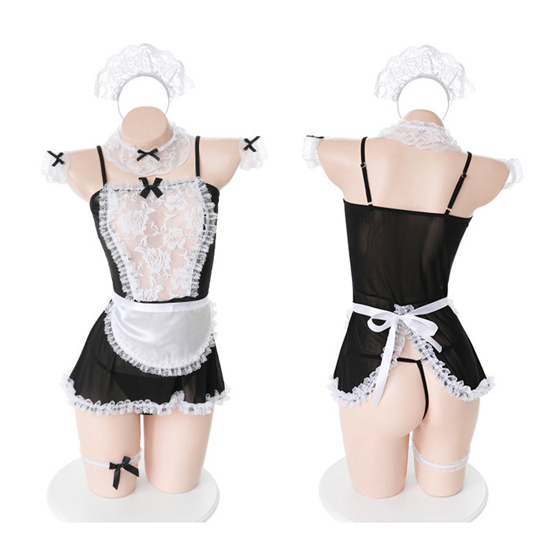 Newlan Qx002 Lingerie Cosplay Maid Pembantu Waitresses Warna Putih  Baju Tidur-Black