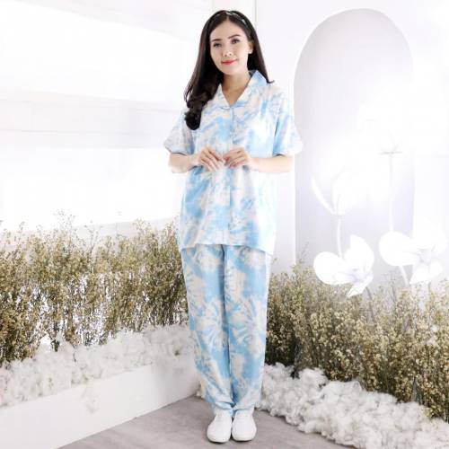 Setelan Piyama Wanita Baju Tidur Cewek Motif Tie Dye One Set Rayon Adem Jumbo XL-XXL Caris CP-LUCY BIRU