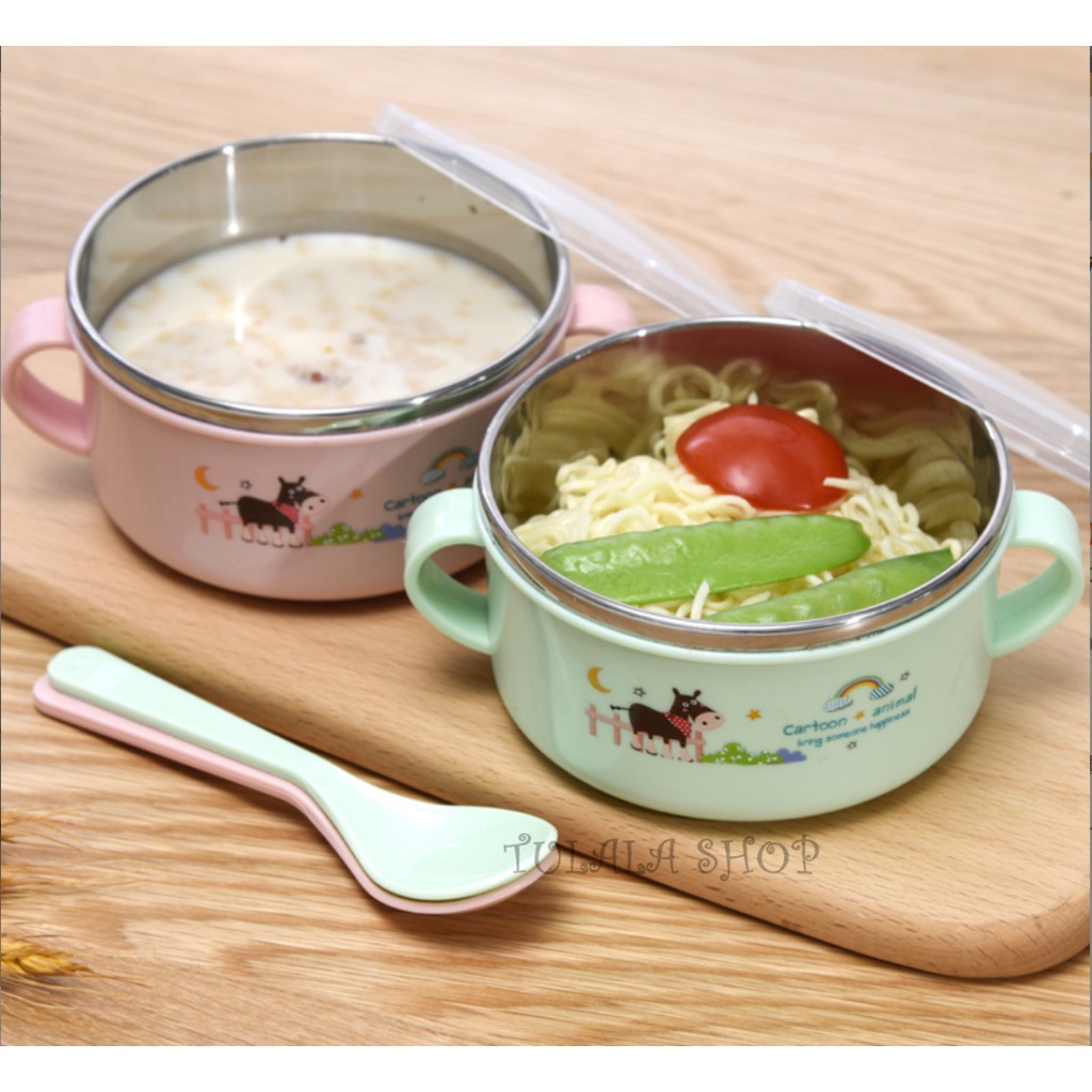 [TULALA SHOP]Kids Feeding Bowl Stainless Steel Spoon Mangkuk Bubur Makan Sup Sendok Karakter Bayi Anak/Set Mangkuk Sup Bahan Stainless Steel Anti Jatuh Dan Anti Panas Dengan Tutup Telinga Ganda Untuk Anak