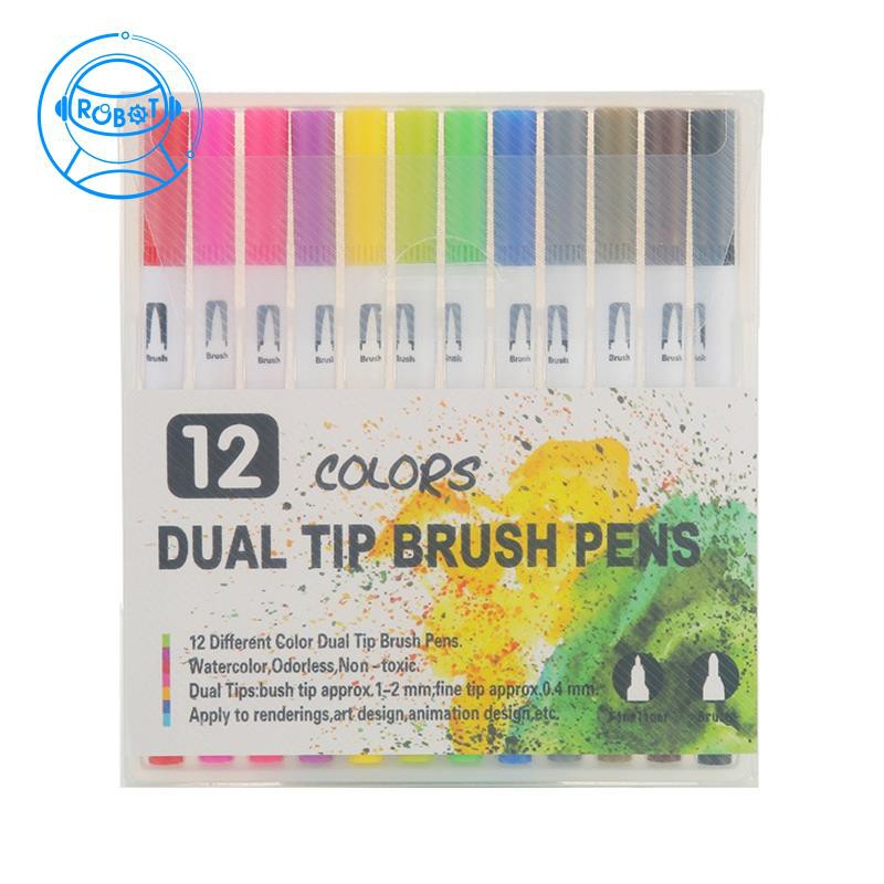 12 Colors Marker Liner Drawing Watercolor Marker Pens Twin Head Brush Pen Painting Art Supplies | Shopee Indonesia