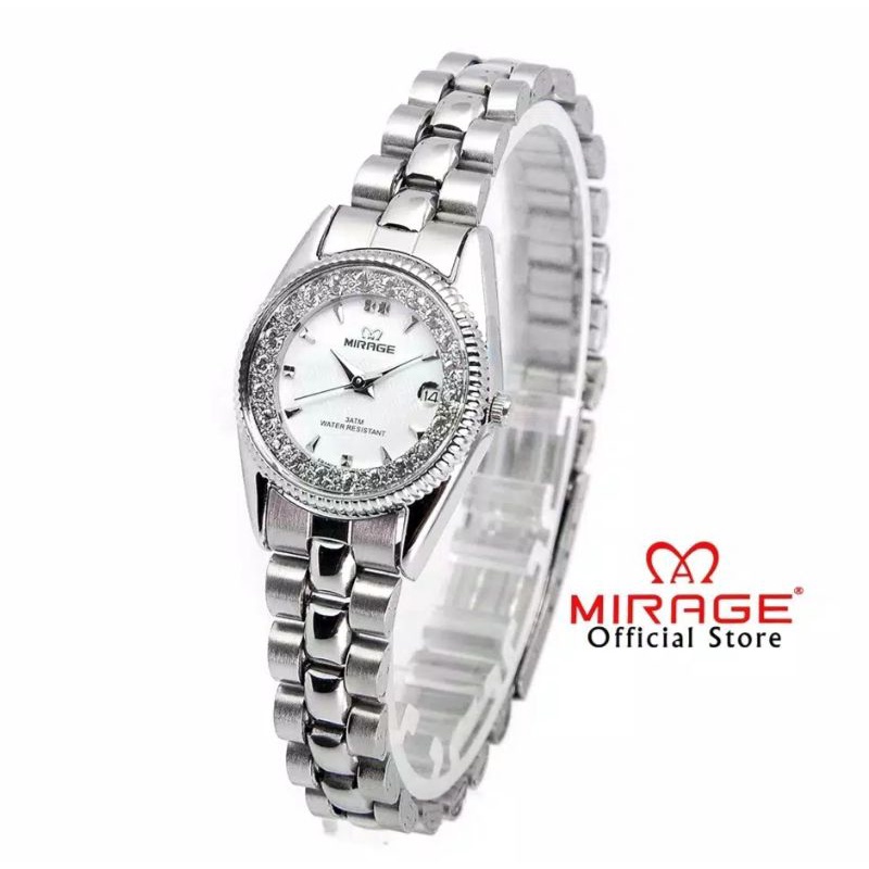 JAM TANGAN WANITA MIRAGE 1580l ORIGINAL WATER RESISITANT_JAM TANGAN CEWEK MIRAGE RANTAI SILVER_JAM TANGAN WANITA TAHAN AIR FITUR TANGGAL JAM TANGAN WANITA MODEL TERBARU SILVER PERMATA FREE BOX DAN BATRAI_JAM TANGAN KASUAL WANITA JAM TANGAN CEWEK MIRAGE